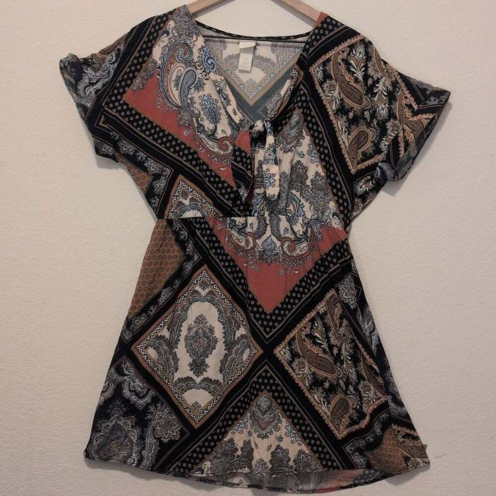 Y2K H&M Paisley Patchwork Dress with Front Tie - Size 6